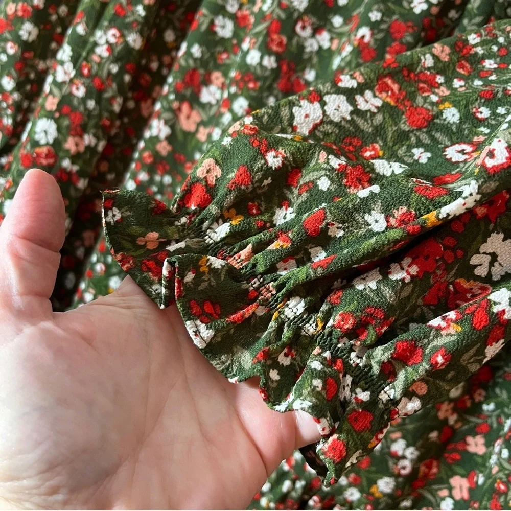 BCBG Olive Green Babydoll Micro Floral Peasant Women's XXL Dress Square Neckline - Picture 4 of 13